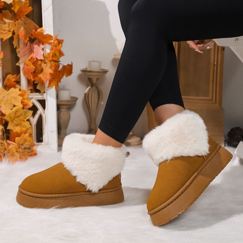 Winter Plush Snow Boots Fashion Round Toe Flat Thickened Suede Cotton Shoes For Women