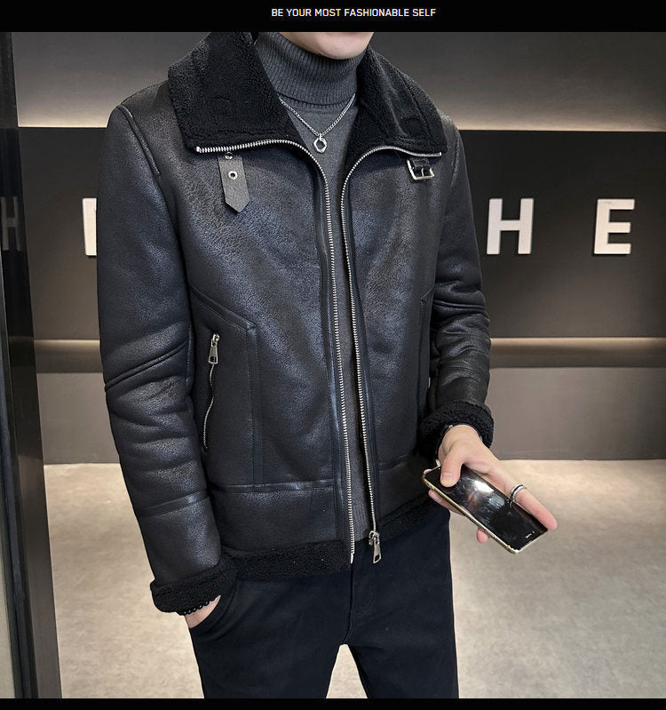 Winter Fur Integrated Lamb Fur Fleece-lined Thick Leather Coat Men