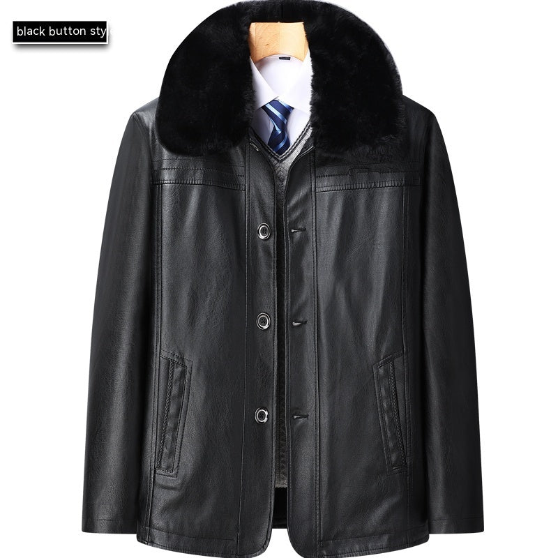 Middle-aged And Elderly Men's Leather Jacket Velvet Padded Thickened Coat Winter Leather Jacket