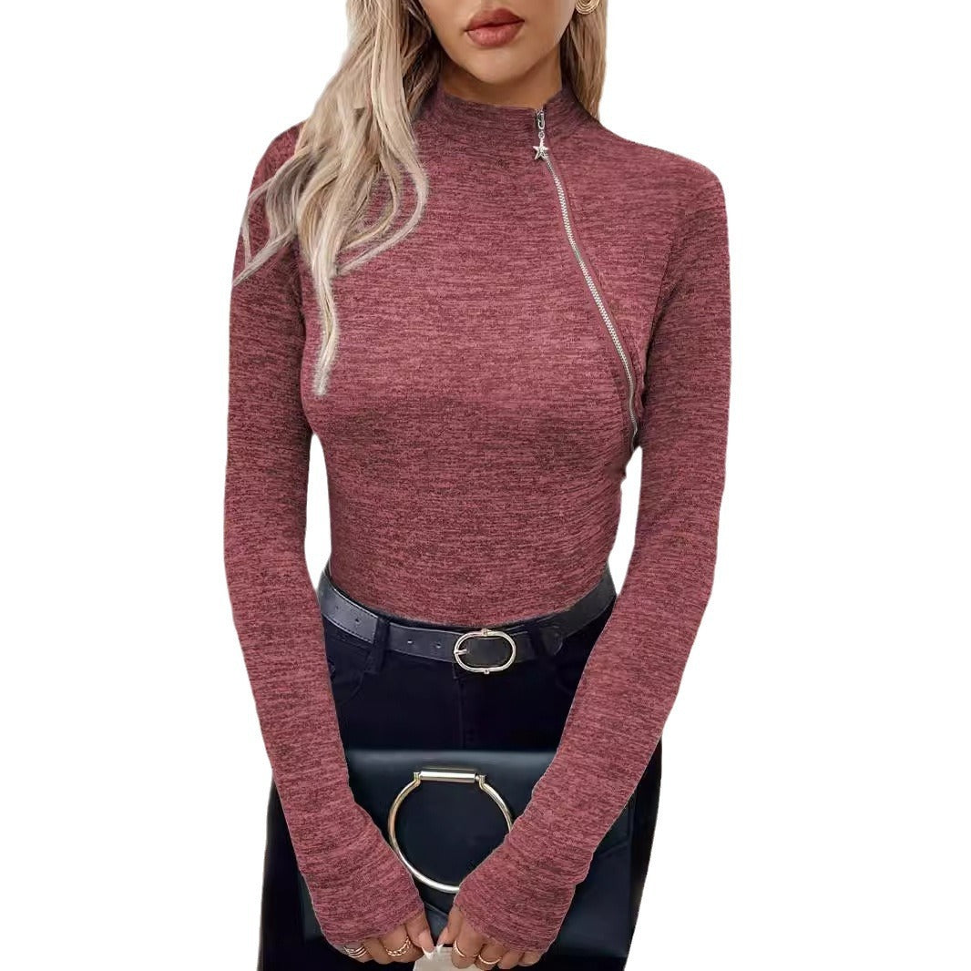 Turtleneck Oblique Zipper Long Sleeve Pullover Bottoming Shirt