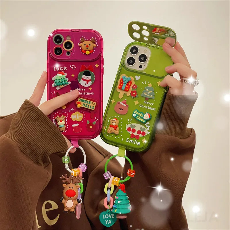 Xmas Santa Claus Cute Elk Hat Pendant Flip Christmas Phone Case For I Phone 15 14 13 12 11 Pro Max Pro