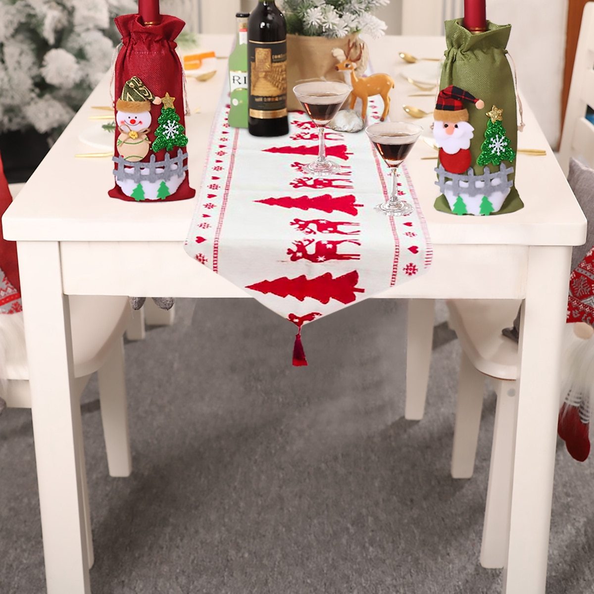 Christmas Elk Snowman Table Runner Merry X-Mas