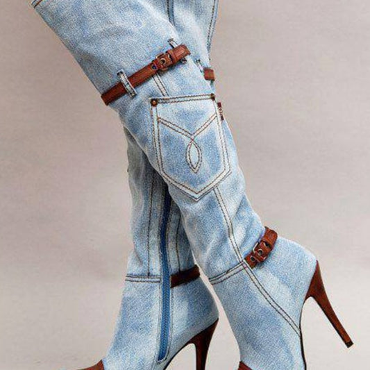 Women's Denim Plus Size Boots Stitching High Heel Knee-high Boots