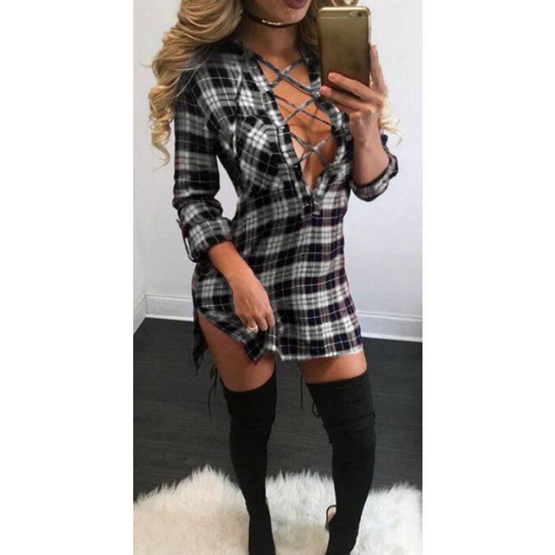 Plaid straps split dress - Women