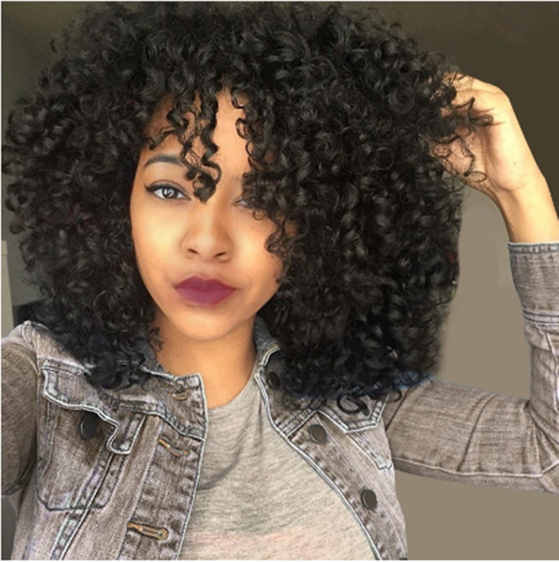 African Short Curly Hair Female Wigs, Fluffy Small Curly Bangs - Women