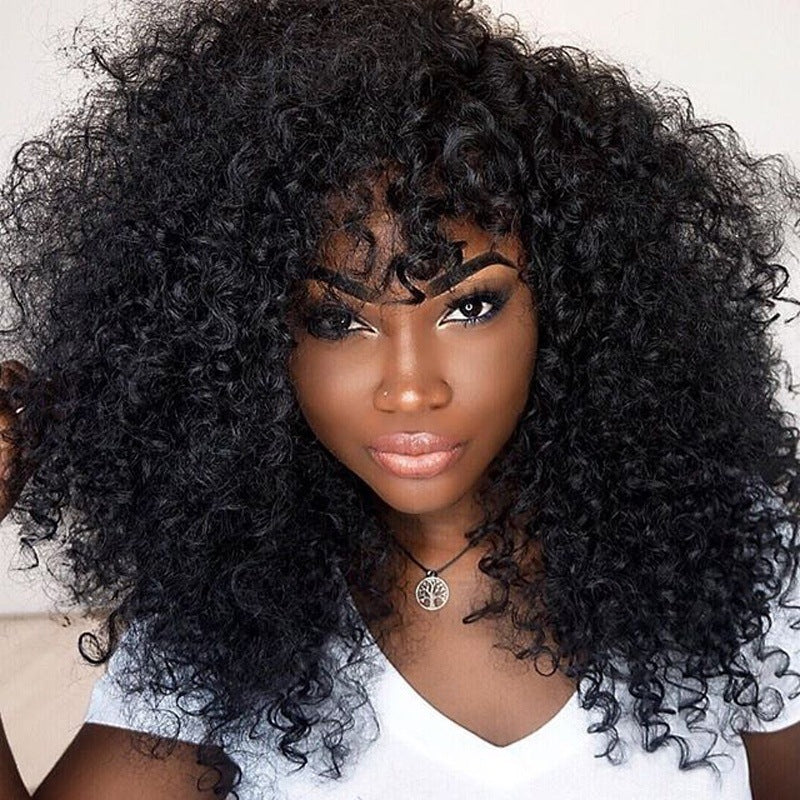 African Short Curly Hair Female Wigs, Fluffy Small Curly Bangs - Women