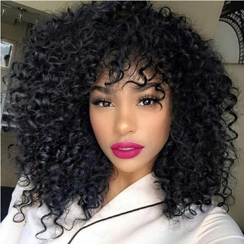 African Short Curly Hair Female Wigs, Fluffy Small Curly Bangs - Women