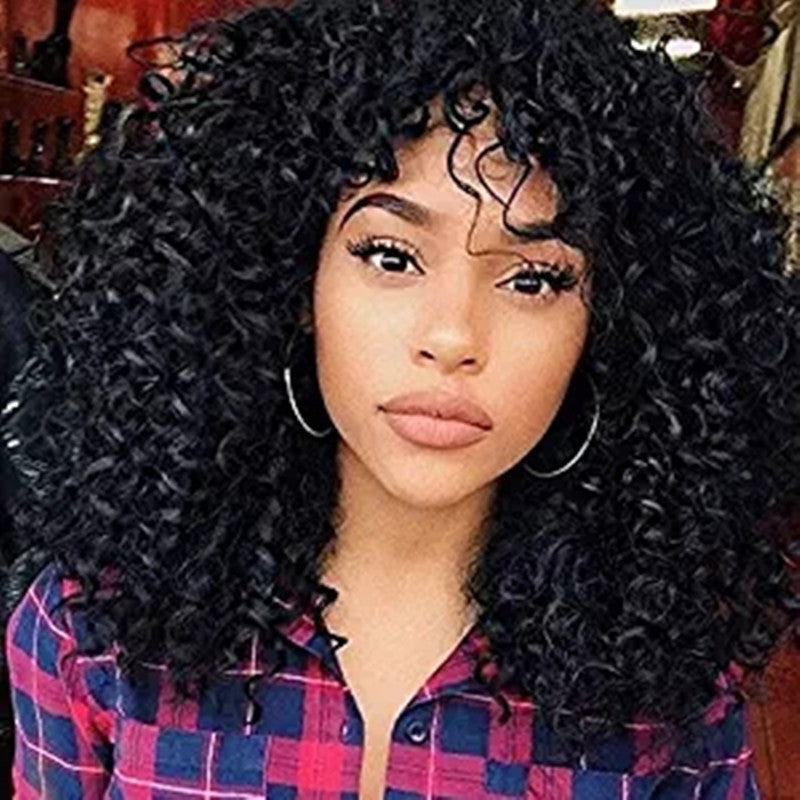 African Short Curly Hair Female Wigs, Fluffy Small Curly Bangs - Women