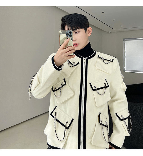 Autumn And Winter Classic Style Temperament Multi-pocket Chain Heavy Industry Coat