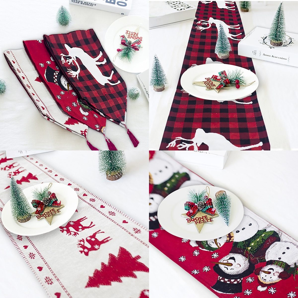 Christmas Elk Snowman Table Runner Merry X-Mas