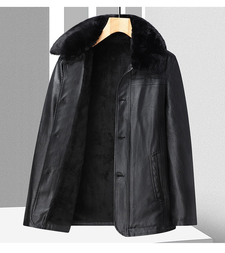 Middle-aged And Elderly Men's Leather Jacket Velvet Padded Thickened Coat Winter Leather Jacket