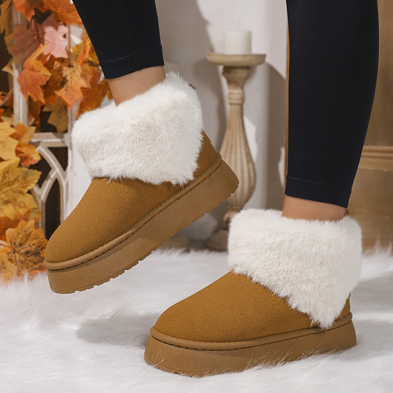 Winter Plush Snow Boots Fashion Round Toe Flat Thickened Suede Cotton Shoes For Women