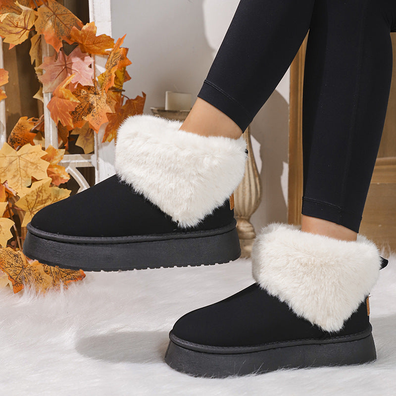 Winter Plush Snow Boots Fashion Round Toe Flat Thickened Suede Cotton Shoes For Women