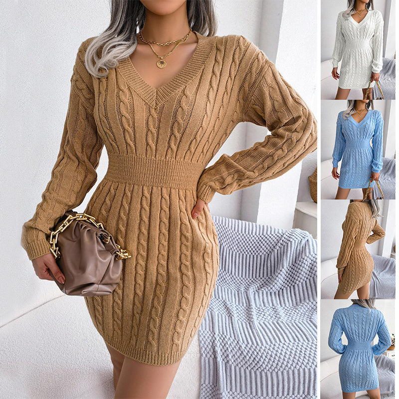 Solid Colour V-Neck Long Sleeve Knit Dress Ins Fashion Slim Waisted Hip Dress Womens Clothing