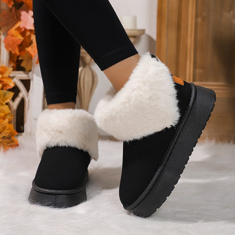 Winter Plush Snow Boots Fashion Round Toe Flat Thickened Suede Cotton Shoes For Women