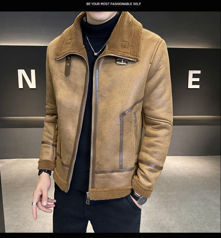 Winter Fur Integrated Lamb Fur Fleece-lined Thick Leather Coat Men