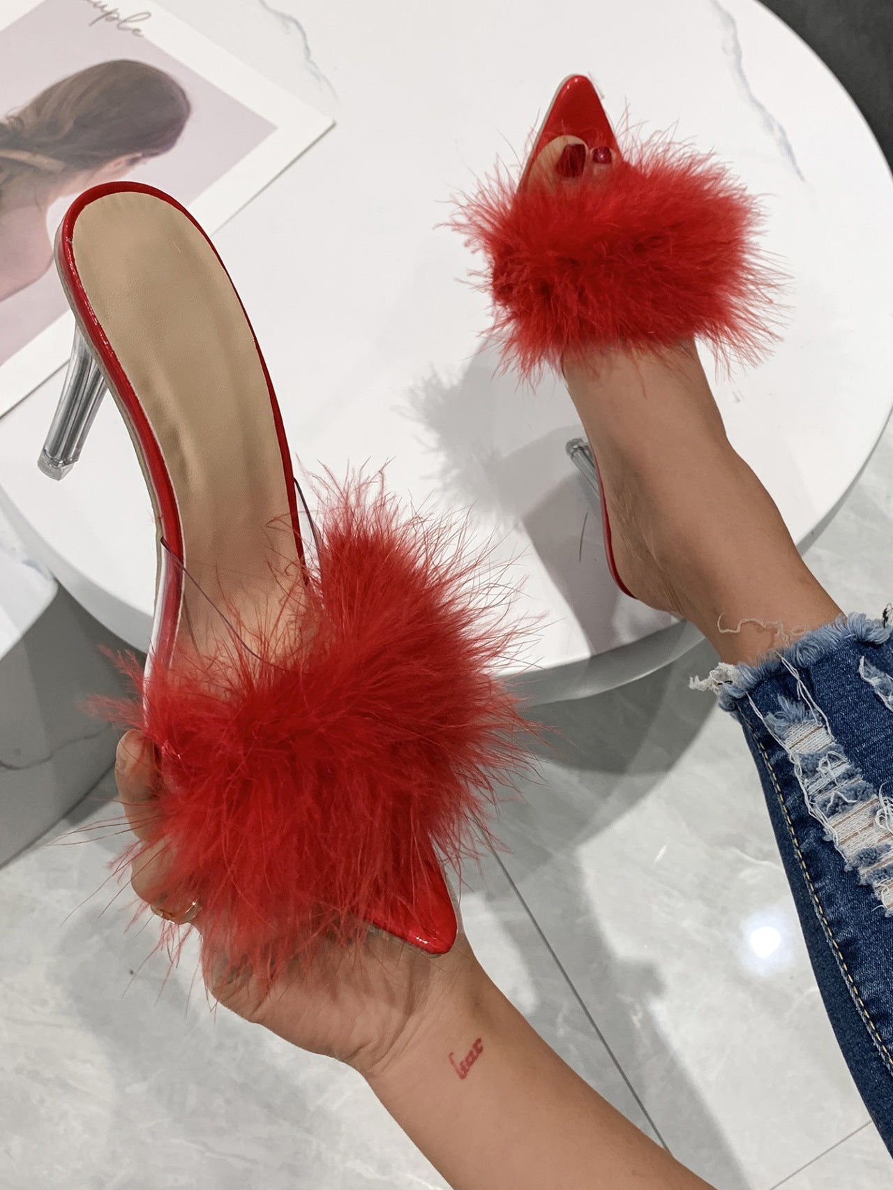 Chaussons tendance à talons hauts en fourrure pour femmes