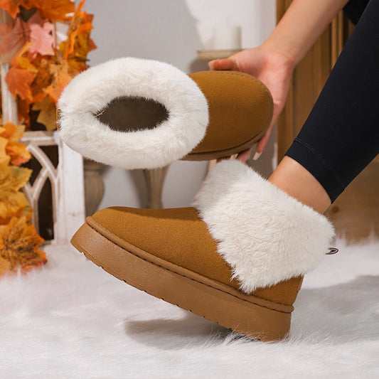 Winter Plush Snow Boots Fashion Round Toe Flat Thickened Suede Cotton Shoes For Women