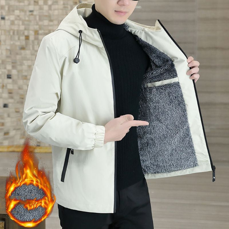 Coat Men's Autumn And Winter New Hooded Fleece-lined Thickened Solid Colour Men's Jacket