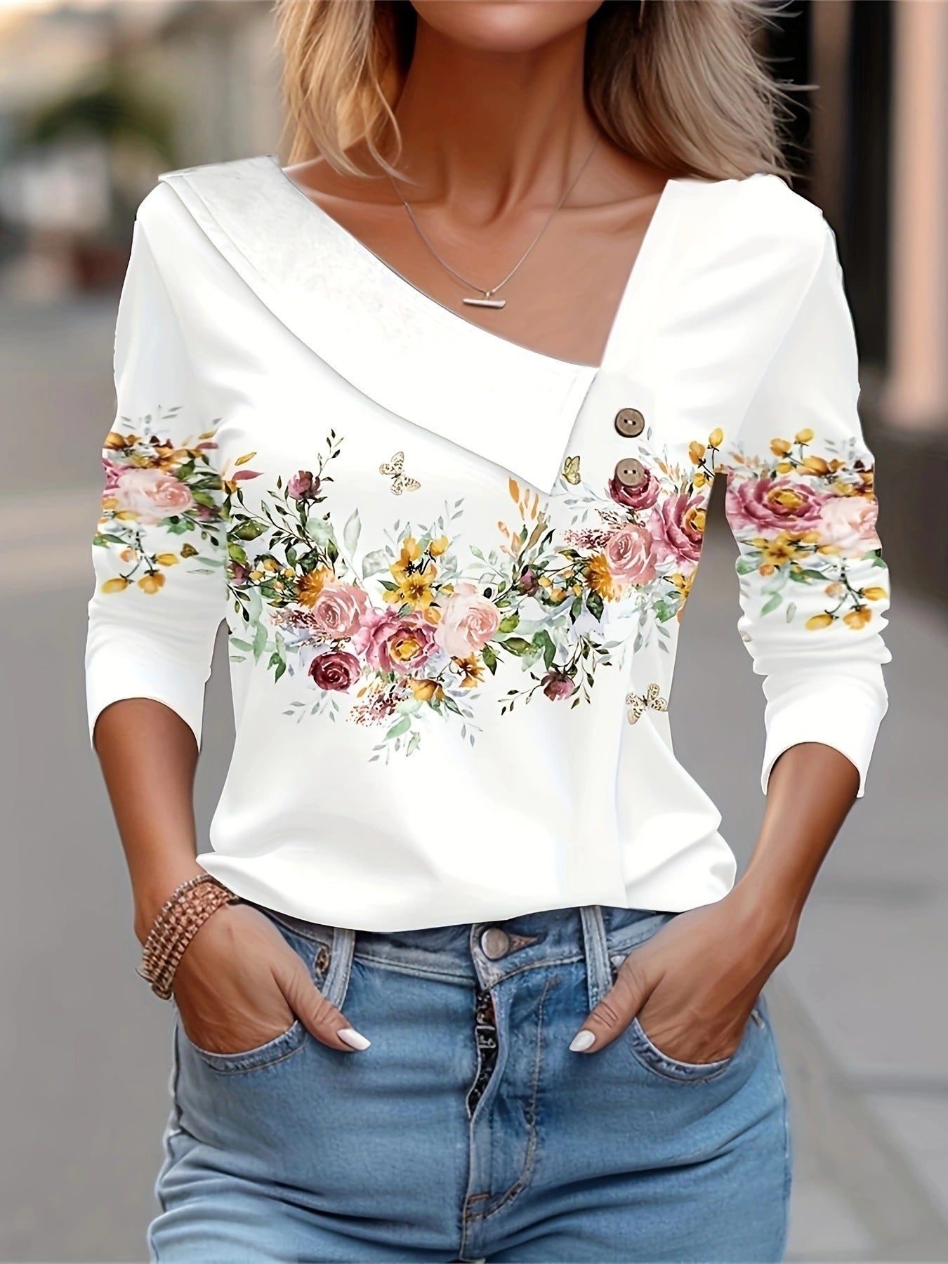 Diagonal Collar Color-blocking Flower Printing Long-t-shirt