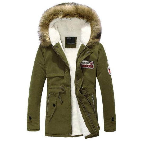 Men's Winter Warm Thick Padded Jacket Long Fur Collar Army Green Parka Fleece