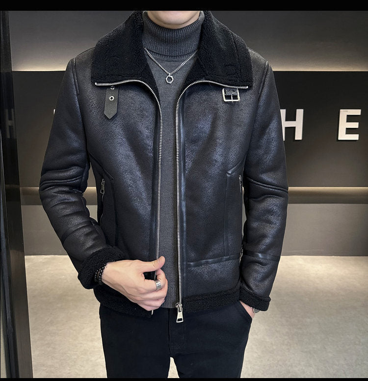 Winter Fur Integrated Lamb Fur Fleece-lined Thick Leather Coat Men