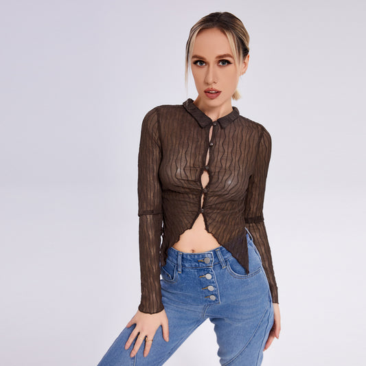 Women's Solid Color Slim -fitting Navel Fashion Lapel Wood Ear Long -sleeved T -shirt