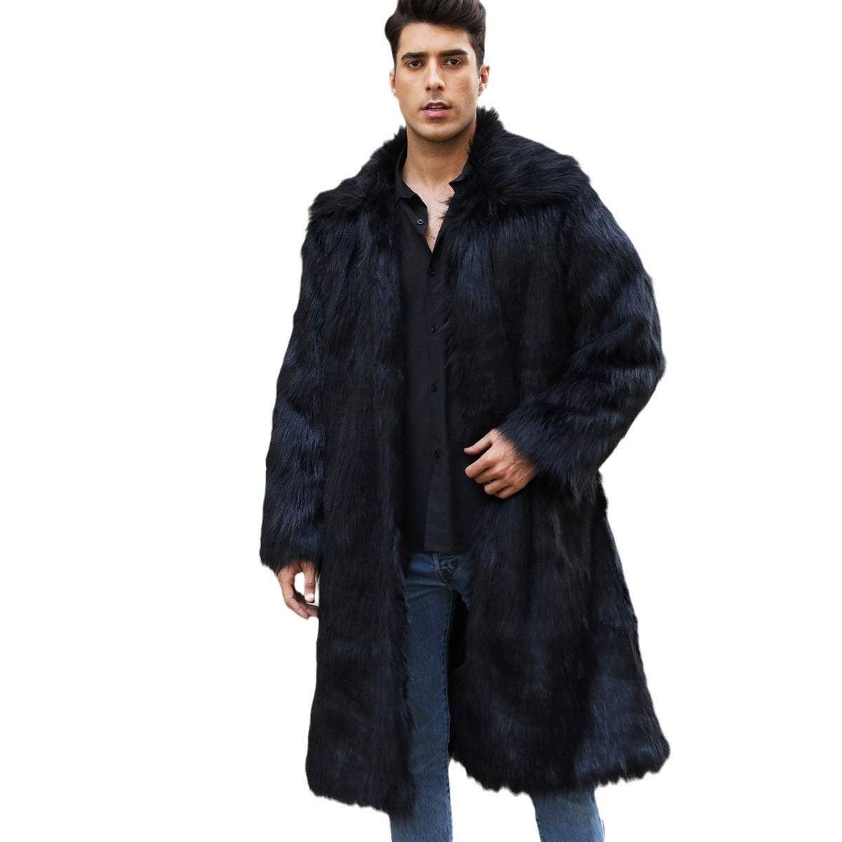 European And American Fall Winter Men Long Imitation Fur Coat Popular Men's Imitation Fox Fur Warm Coat