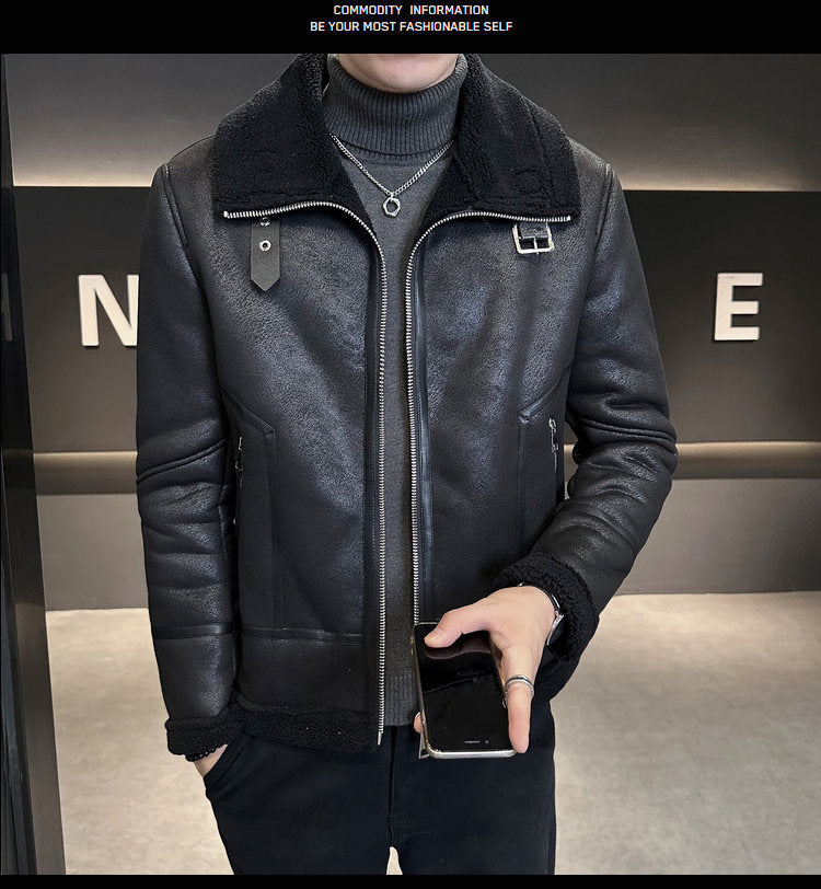 Winter Fur Integrated Lamb Fur Fleece-lined Thick Leather Coat Men