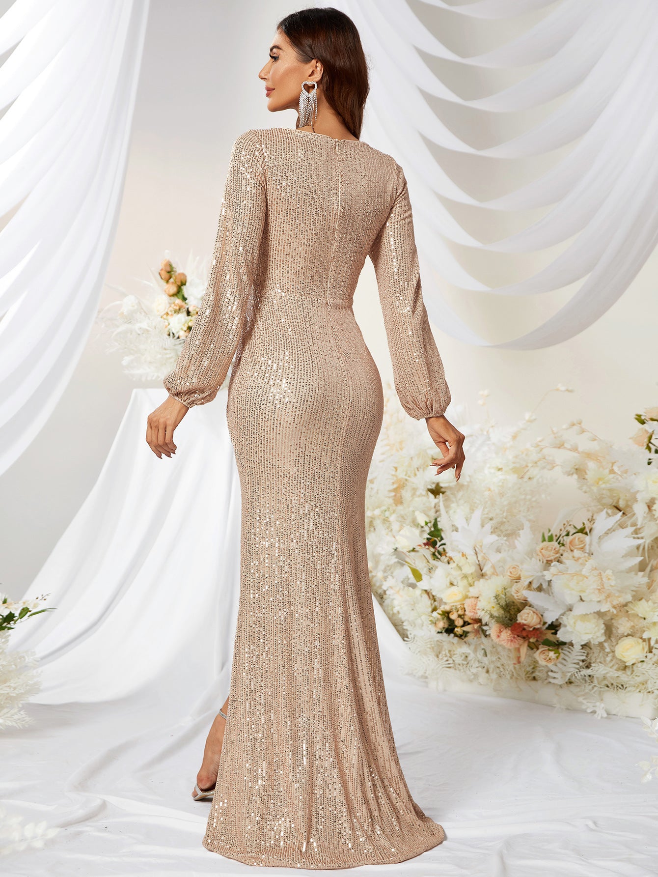 Sequinned V-neck Long Sleeve High Slit Slim Fishtail Prom Evening Dress - Women