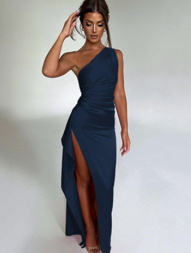 Sexy One-shoulder Backless Slit Dress Summer Elegant Slim-fit Solid Colour Satin Dresses For Women