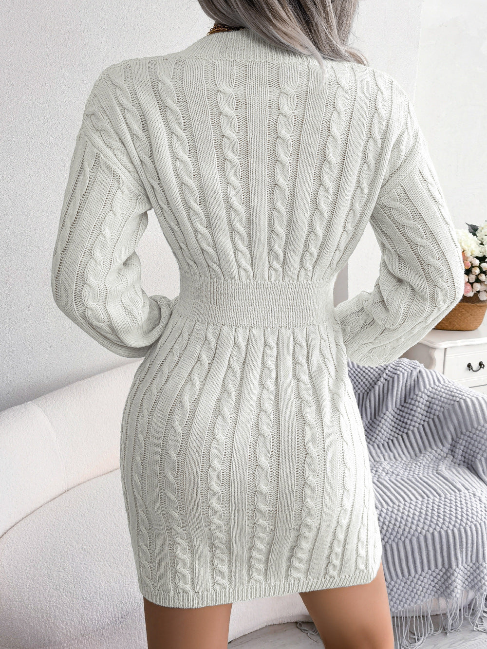 Solid Colour V-Neck Long Sleeve Knit Dress Ins Fashion Slim Waisted Hip Dress Womens Clothing