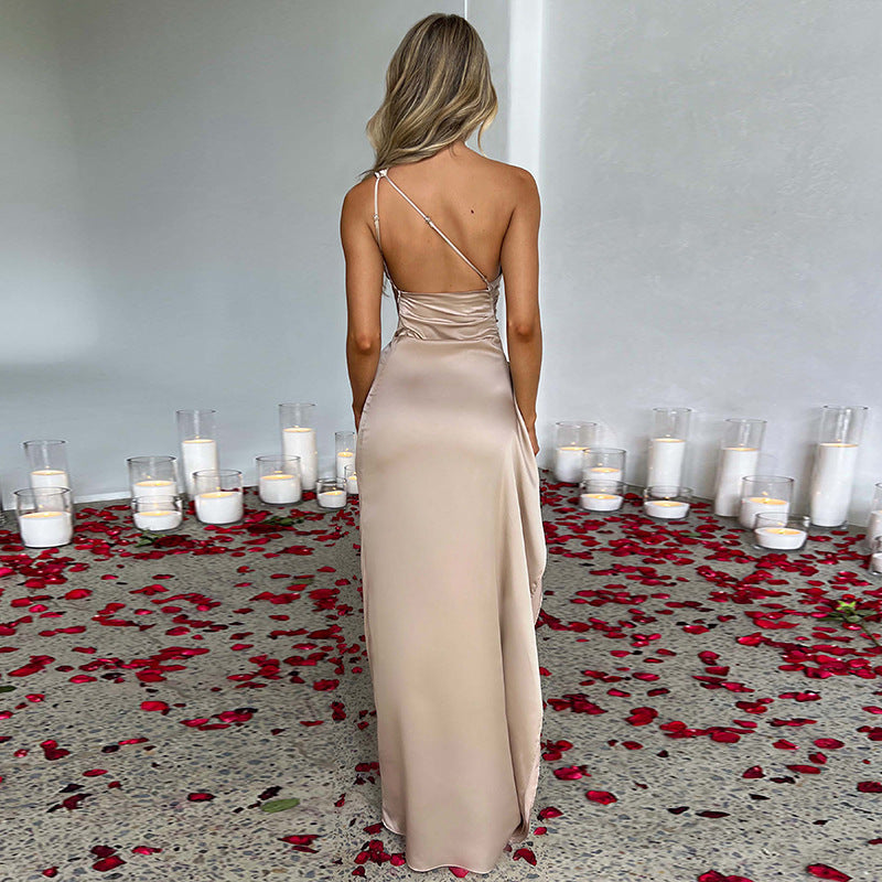 Sexy One-shoulder Backless Slit Dress Summer Elegant Slim-fit Solid Colour Satin Dresses For Women