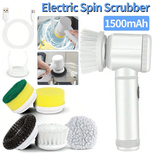 Electric Spin Scrubber Rechargeable with 5Pcs Brush Heads Home Electric Rotary Scrubber Bathtub Tile Professional Cleaning Brush