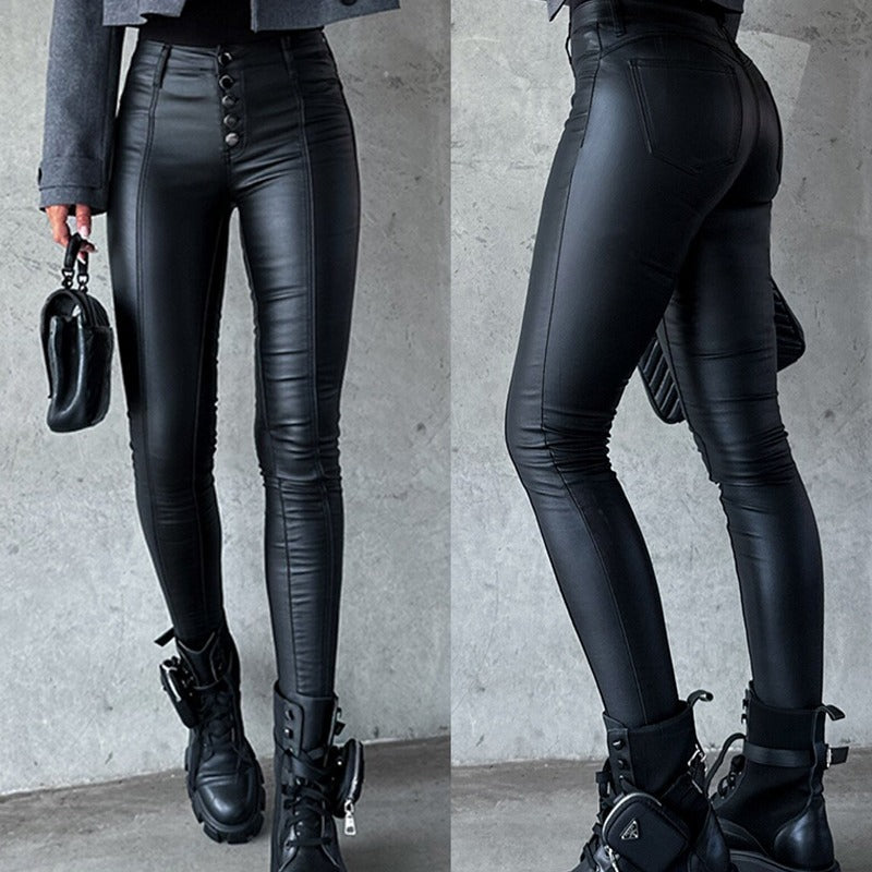 Black High Waist Tight Leather Pants