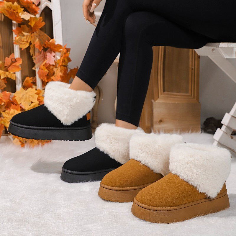 Winter Plush Snow Boots Fashion Round Toe Flat Thickened Suede Cotton Shoes For Women