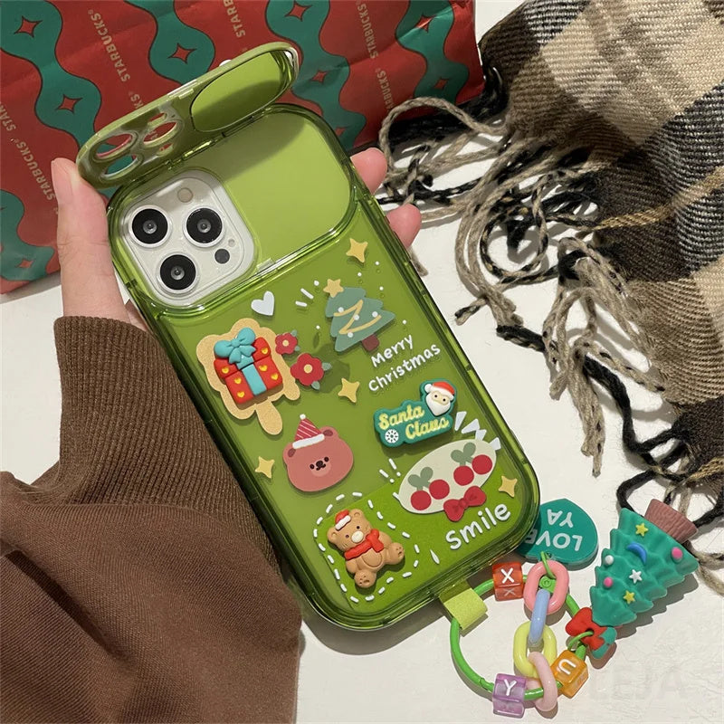 Xmas Santa Claus Cute Elk Hat Pendant Flip Christmas Phone Case For I Phone 15 14 13 12 11 Pro Max Pro