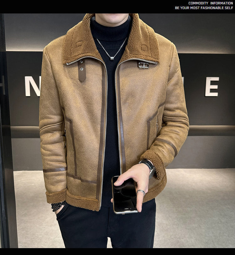 Winter Fur Integrated Lamb Fur Fleece-lined Thick Leather Coat Men