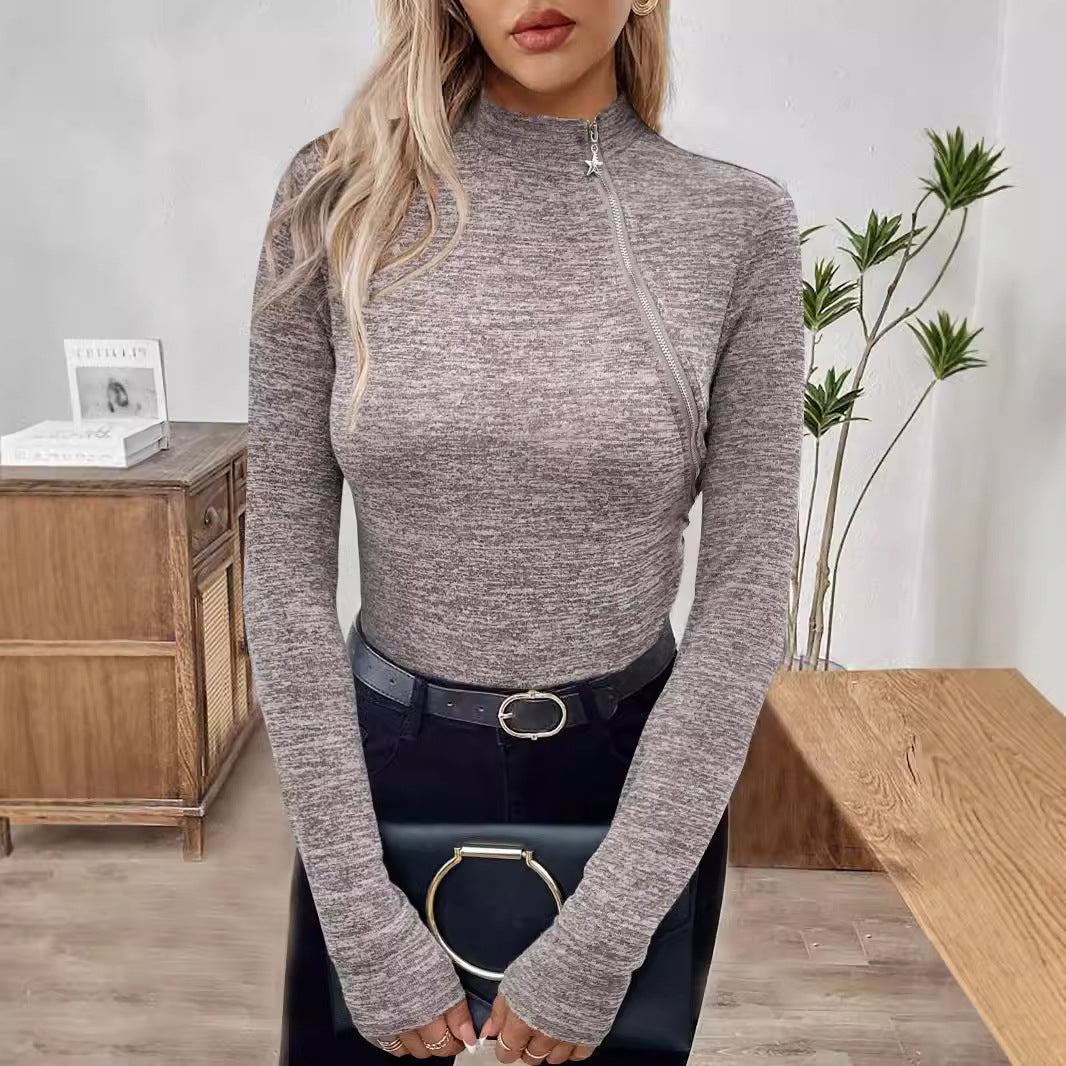 Turtleneck Oblique Zipper Long Sleeve Pullover Bottoming Shirt