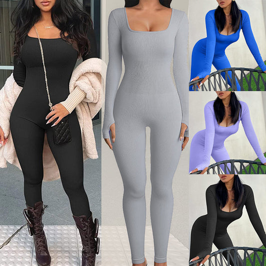 Threaded Square Collar Buttocks Slim Jumpsuit