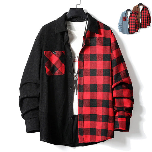 Fashion Casual Color-matching Plaid Shirt Autumn And Winter Corduroy Long-sleeved Lapel Shirt Loose Top Men's Clothing