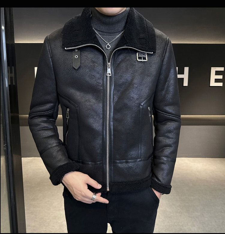 Winter Fur Integrated Lamb Fur Fleece-lined Thick Leather Coat Men