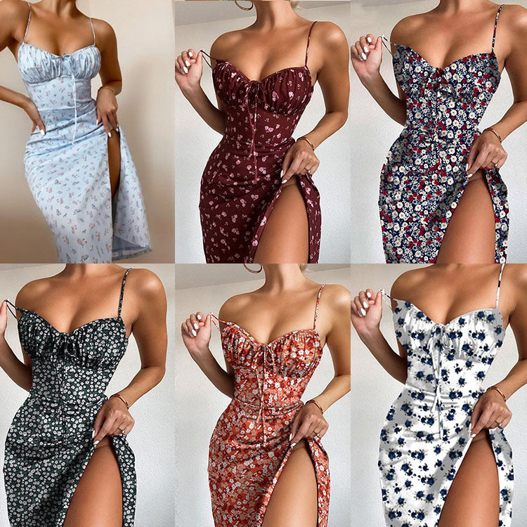 Sexy Printed Dress With Straps And Halter With Straps On Chest - Women