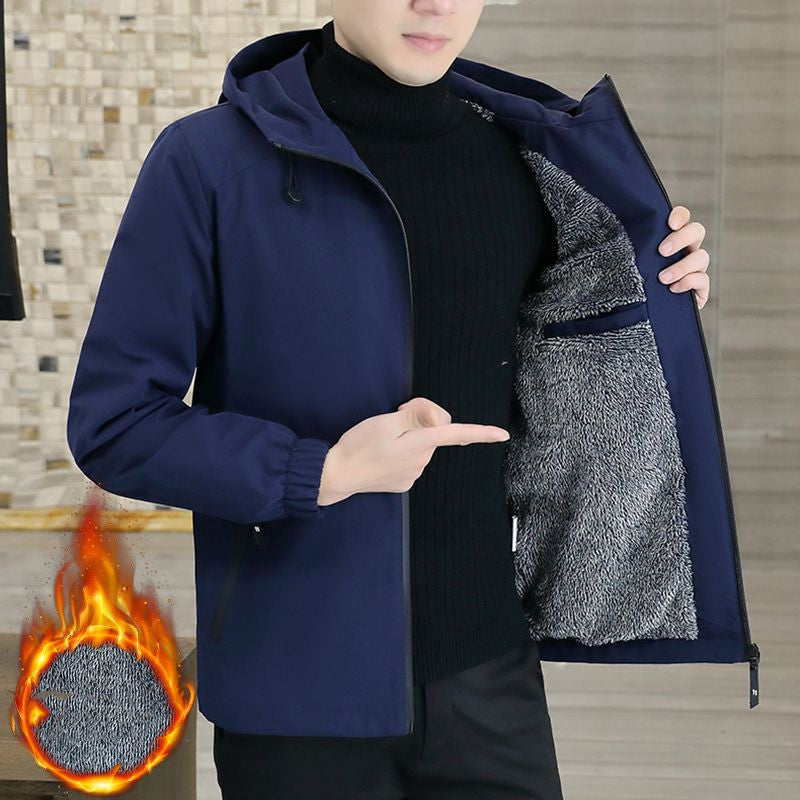 Coat Men's Autumn And Winter New Hooded Fleece-lined Thickened Solid Colour Men's Jacket